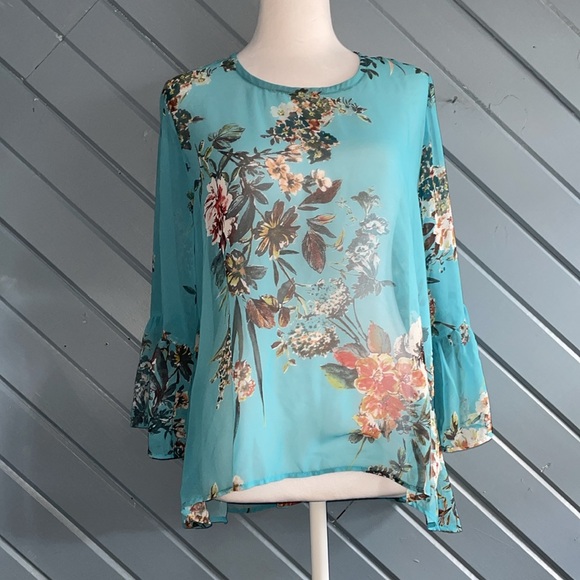 bryn Walker Tops - Bryn Walker Floral Blue High-low Ruffle Sleeve Semi Sheer blouse